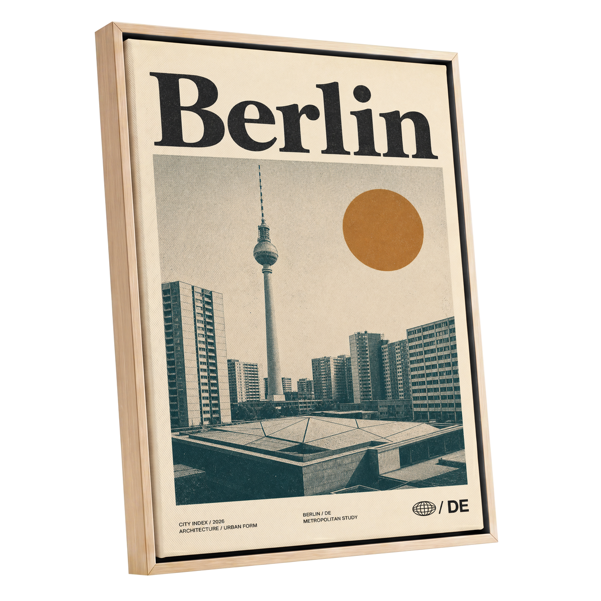 Berlin Modernist Orbit, beige, black, orange minimalist wall art shown as a oak framed canvas wall art