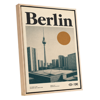 Berlin Modernist Orbit, beige, black, orange minimalist wall art shown as a oak framed canvas wall art