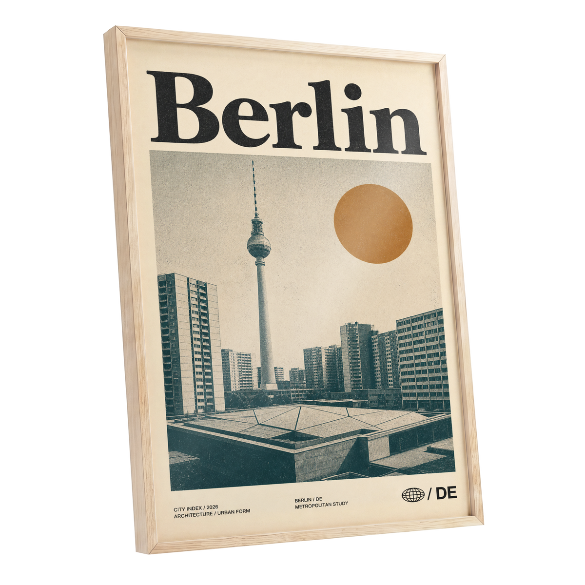 Berlin Modernist Orbit, beige, black, orange minimalist wall art shown as a oak framed poster wall art print