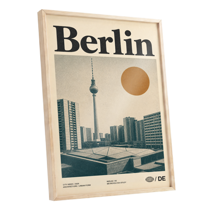 Berlin Modernist Orbit, beige, black, orange minimalist wall art shown as a oak framed poster wall art print