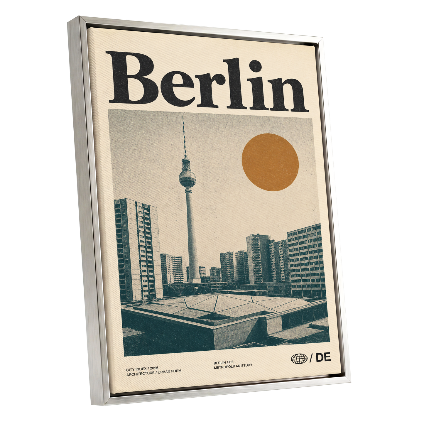 Berlin Modernist Orbit, beige, black, orange minimalist wall art shown as a silver framed canvas wall art