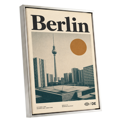 Berlin Modernist Orbit, beige, black, orange minimalist wall art shown as a silver framed canvas wall art