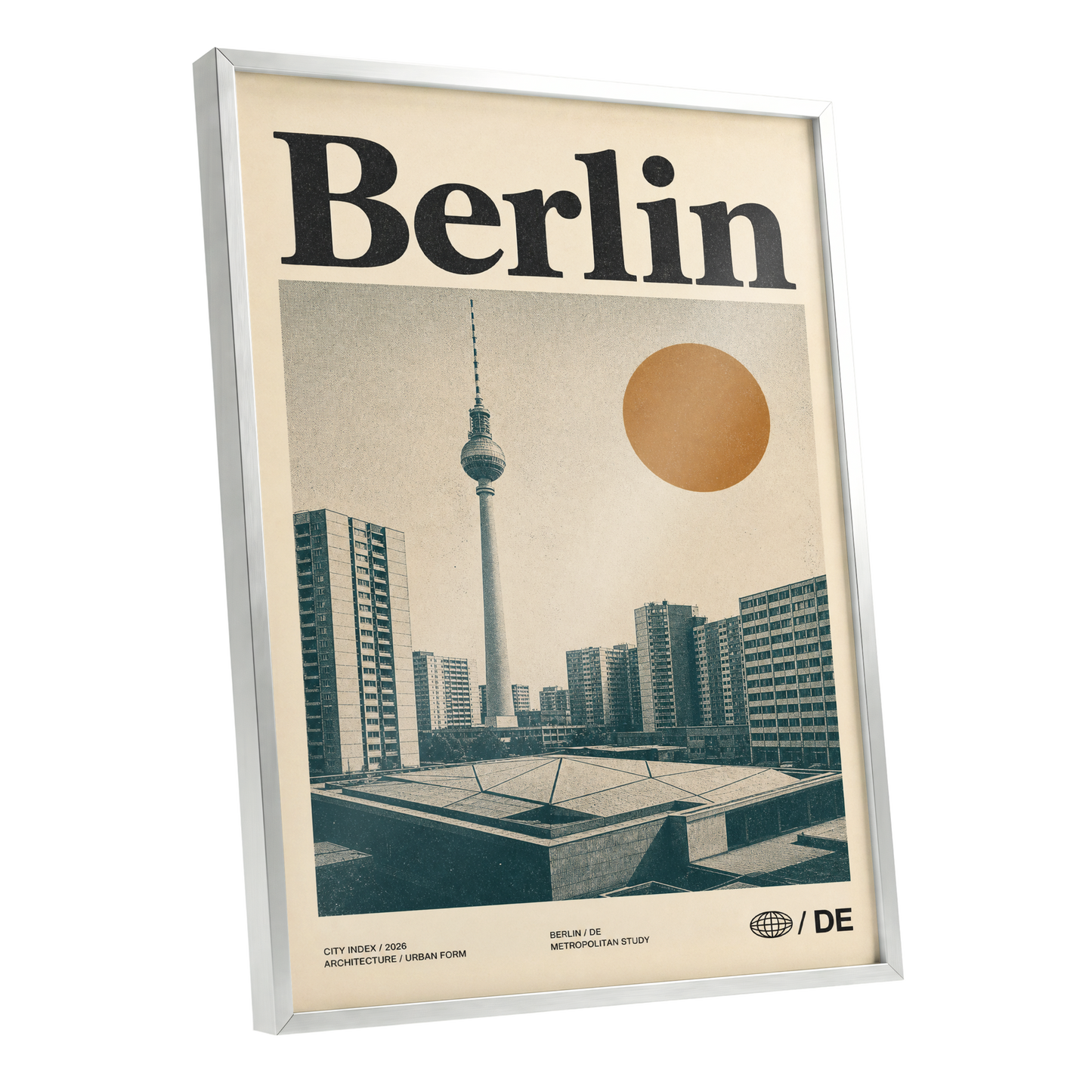 Berlin Modernist Orbit, beige, black, orange minimalist wall art shown as a silver framed poster wall art print