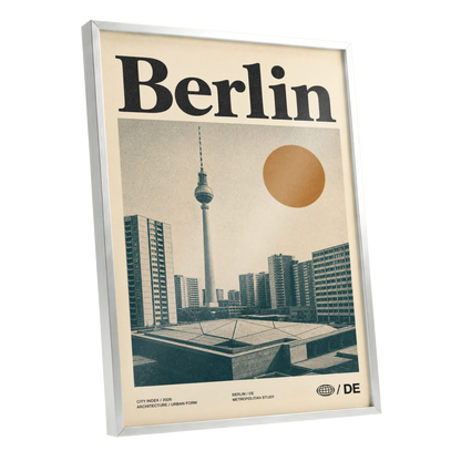 Berlin Modernist Orbit, beige, black, orange minimalist wall art shown as a silver framed poster wall art print
