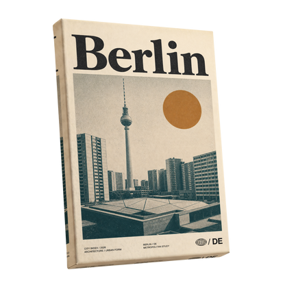Berlin Modernist Orbit, beige, black, orange minimalist wall art shown as a stretched canvas wall art
