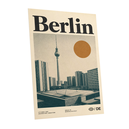 Berlin Modernist Orbit, beige, black, orange minimalist wall art shown as a unframed poster wall art print