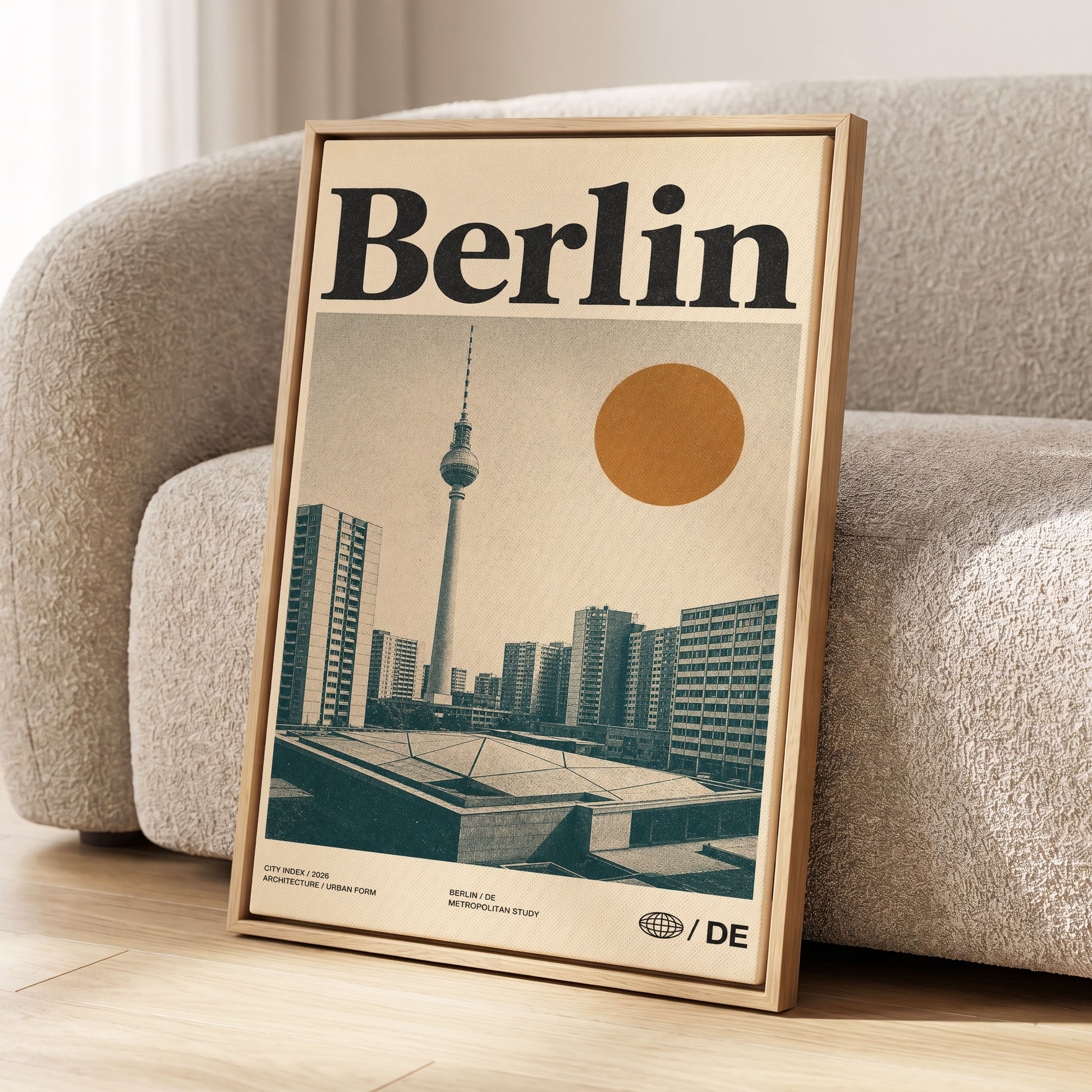 Berlin Modernist Orbit, beige, black, orange minimalist wall art displayed in a styled interior, gallery view 1
