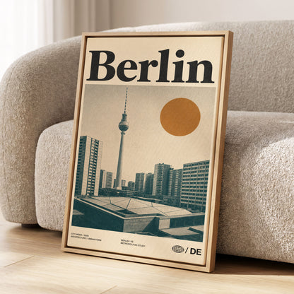 Berlin Modernist Orbit, beige, black, orange minimalist wall art displayed in a styled interior, gallery view 1