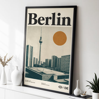 Berlin Modernist Orbit, beige, black, orange minimalist wall art displayed in a styled interior, gallery view 2
