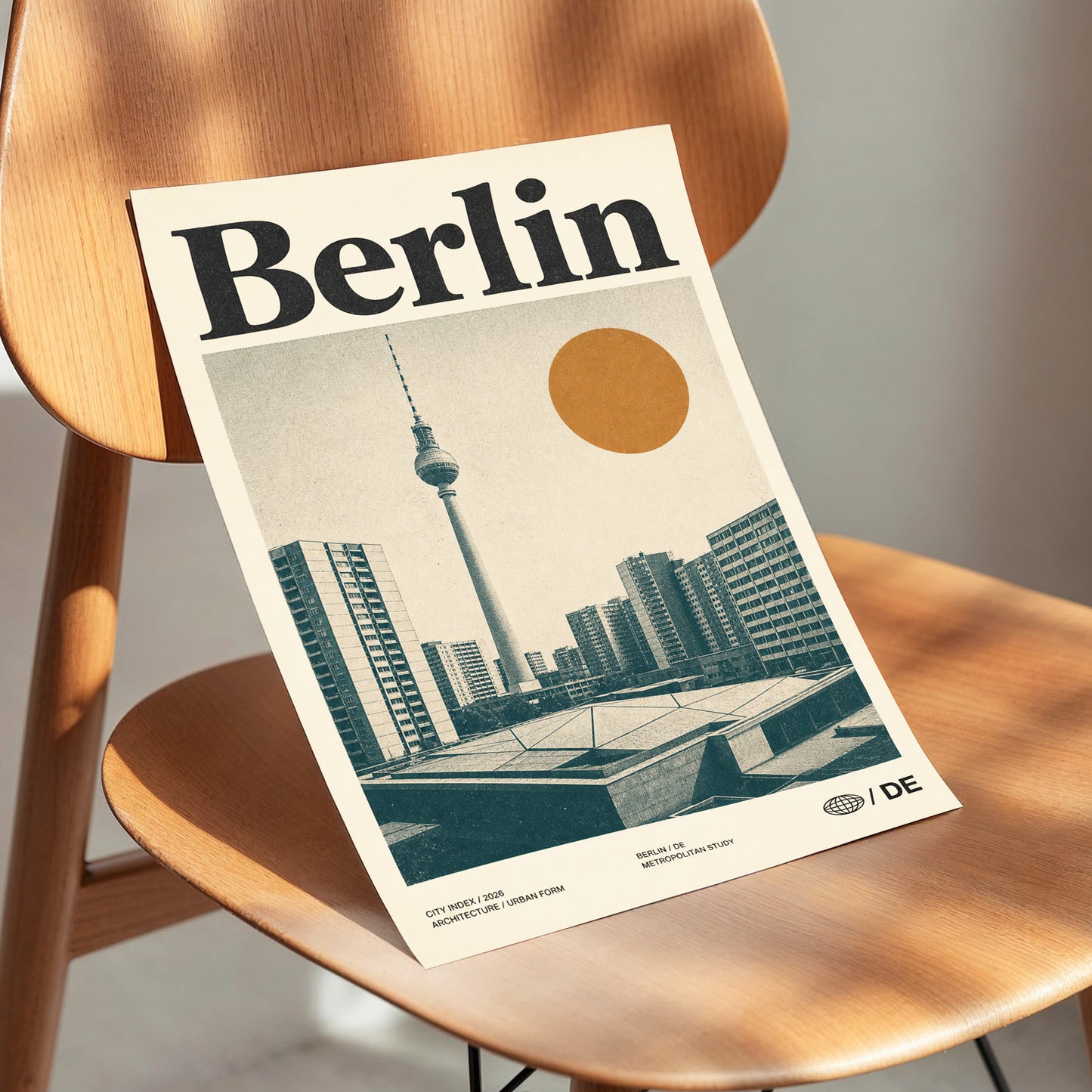 Berlin Modernist Orbit, beige, black, orange minimalist wall art displayed in a styled interior, gallery view 3