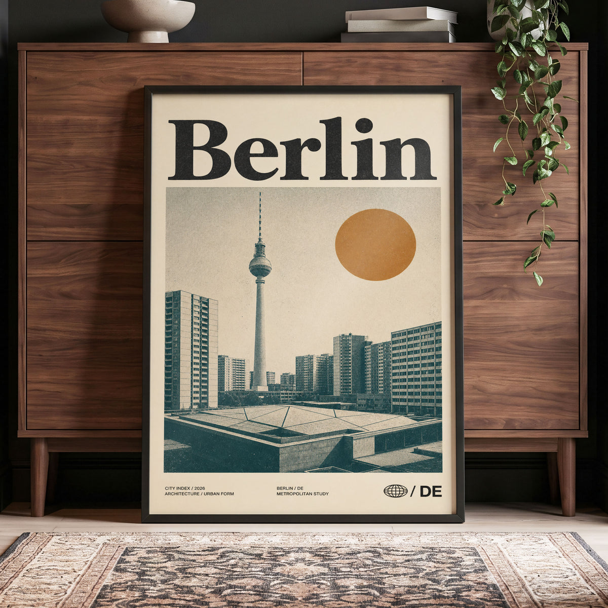 Berlin Modernist Orbit, beige, black, orange minimalist wall art displayed in a styled interior, gallery view 4