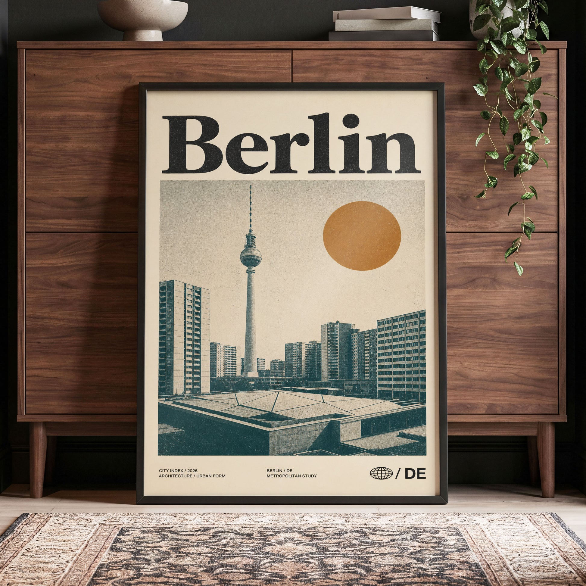 Berlin Modernist Orbit, beige, black, orange minimalist wall art displayed in a styled interior, gallery view 4
