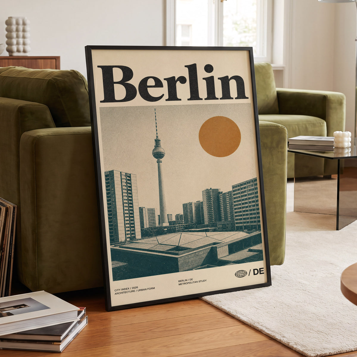 Berlin Modernist Orbit, beige, black, orange minimalist wall art displayed in a styled interior, gallery view 6
