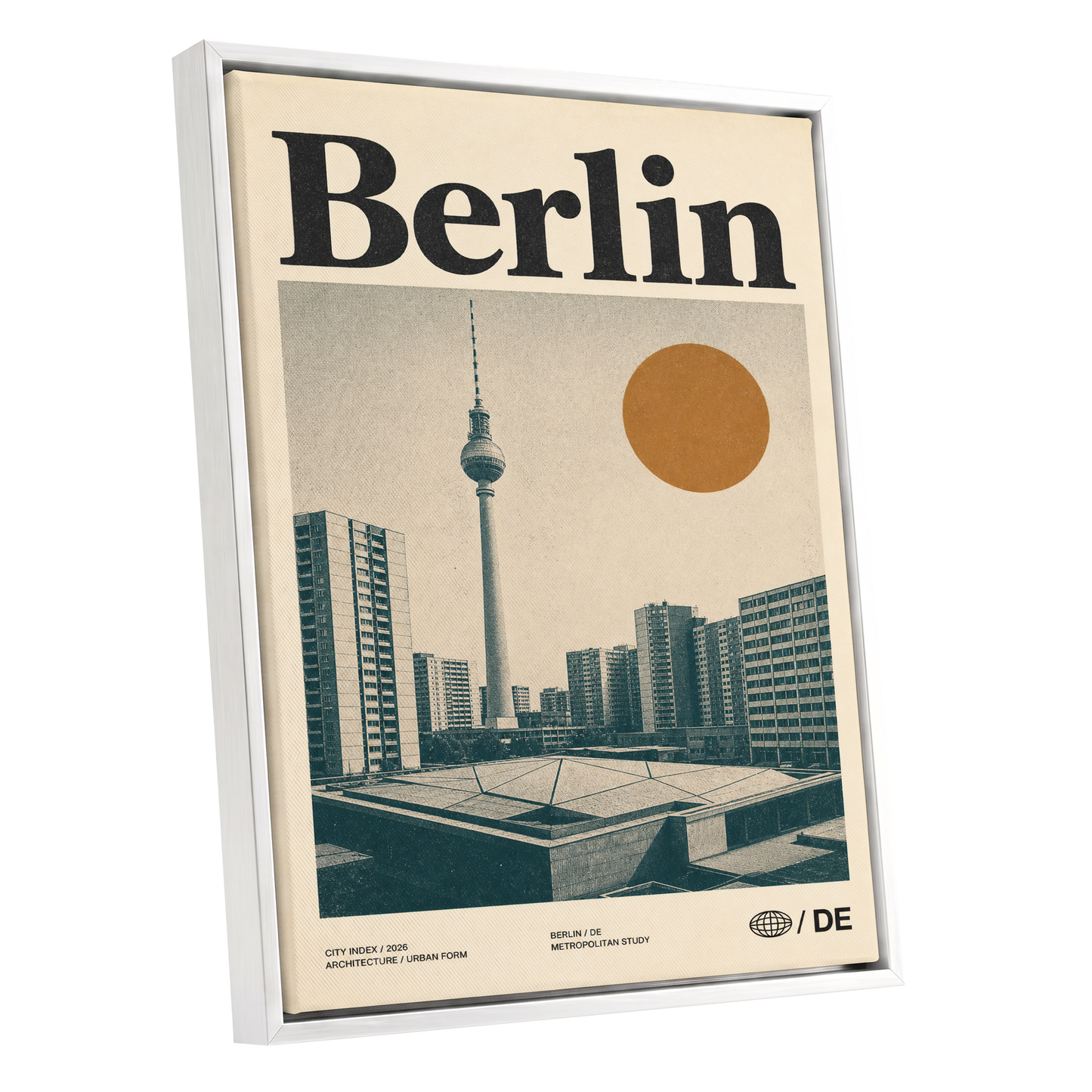 Berlin Modernist Orbit, beige, black, orange minimalist wall art shown as a white framed canvas wall art