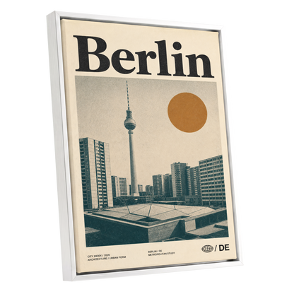 Berlin Modernist Orbit, beige, black, orange minimalist wall art shown as a white framed canvas wall art