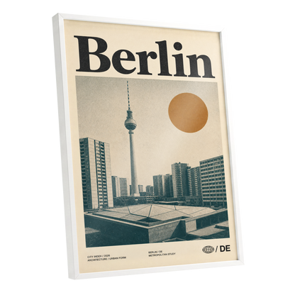 Berlin Modernist Orbit, beige, black, orange minimalist wall art shown as a white framed poster wall art print