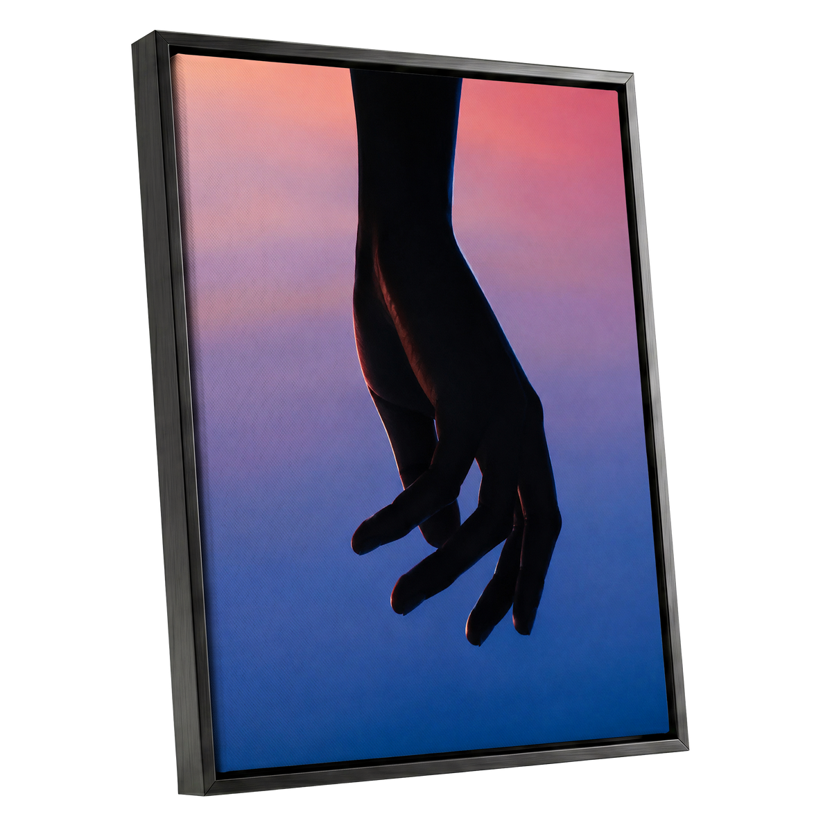 Between Dusk and Blue, black, blue, pink minimalist wall art shown as a black framed canvas wall art