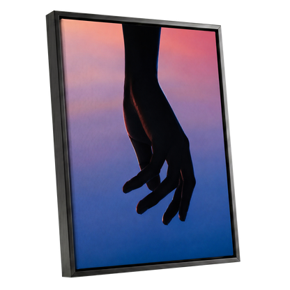 Between Dusk and Blue, black, blue, pink minimalist wall art shown as a black framed canvas wall art