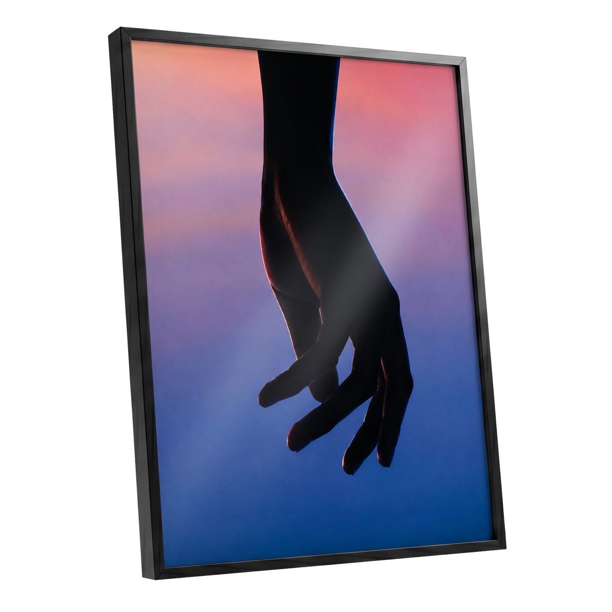 Between Dusk and Blue, black, blue, pink minimalist wall art shown as a black framed poster wall art print