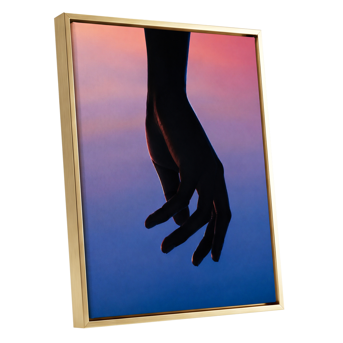 Between Dusk and Blue, black, blue, pink minimalist wall art shown as a gold framed canvas wall art