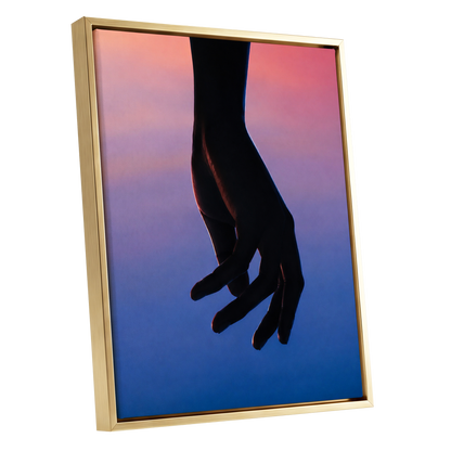 Between Dusk and Blue, black, blue, pink minimalist wall art shown as a gold framed canvas wall art