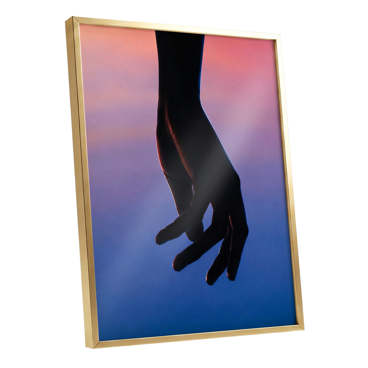 Between Dusk and Blue, black, blue, pink minimalist wall art shown as a gold framed poster wall art print