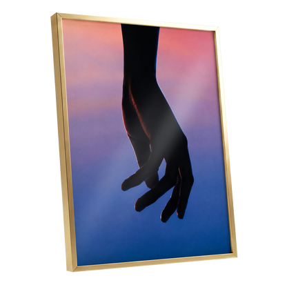 Between Dusk and Blue, black, blue, pink minimalist wall art shown as a gold framed poster wall art print