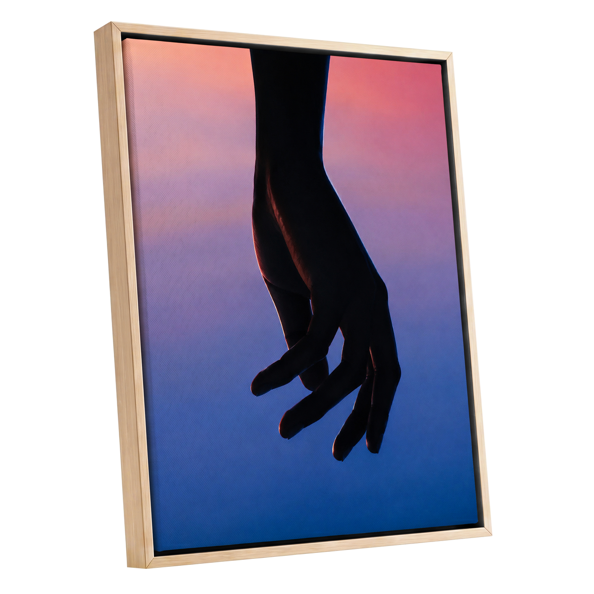 Between Dusk and Blue, black, blue, pink minimalist wall art shown as a oak framed canvas wall art
