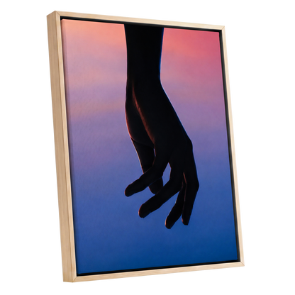 Between Dusk and Blue, black, blue, pink minimalist wall art shown as a oak framed canvas wall art