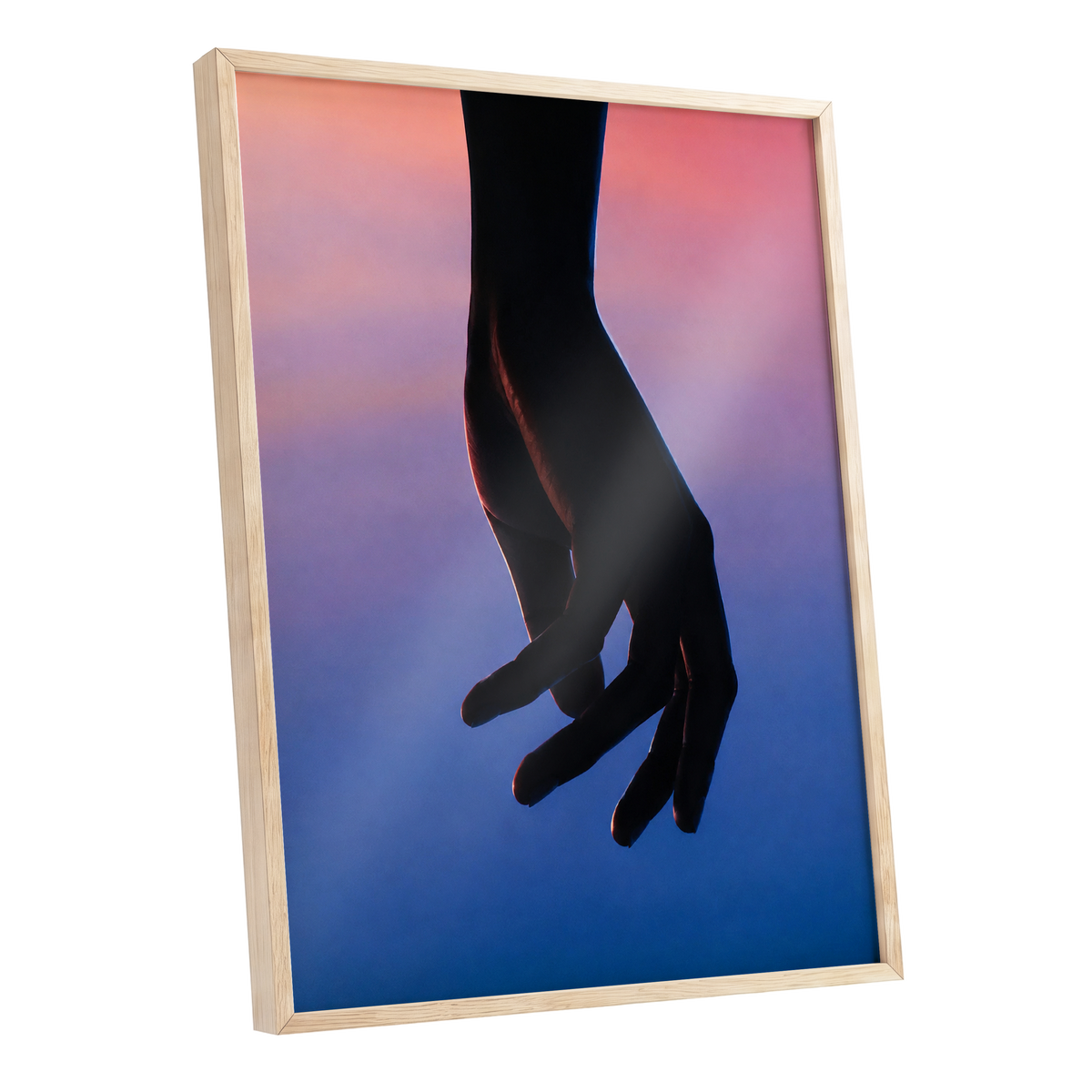 Between Dusk and Blue, black, blue, pink minimalist wall art shown as a oak framed poster wall art print
