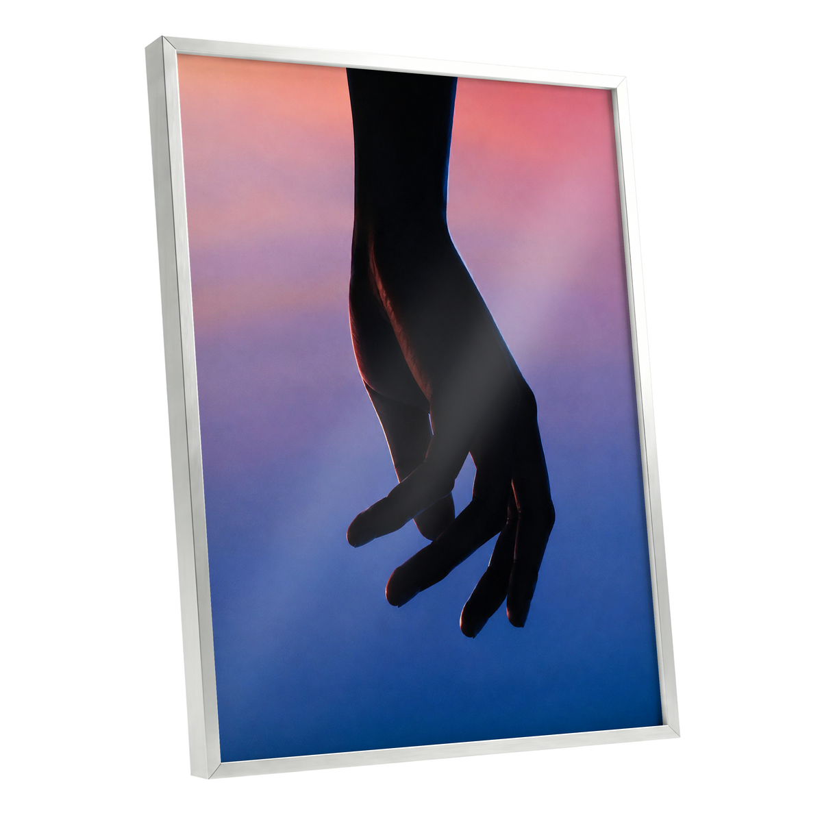Between Dusk and Blue, black, blue, pink minimalist wall art shown as a silver framed poster wall art print