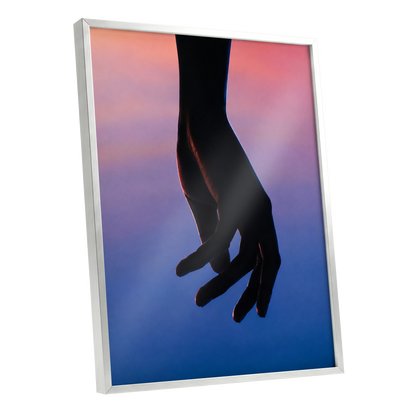 Between Dusk and Blue, black, blue, pink minimalist wall art shown as a silver framed poster wall art print