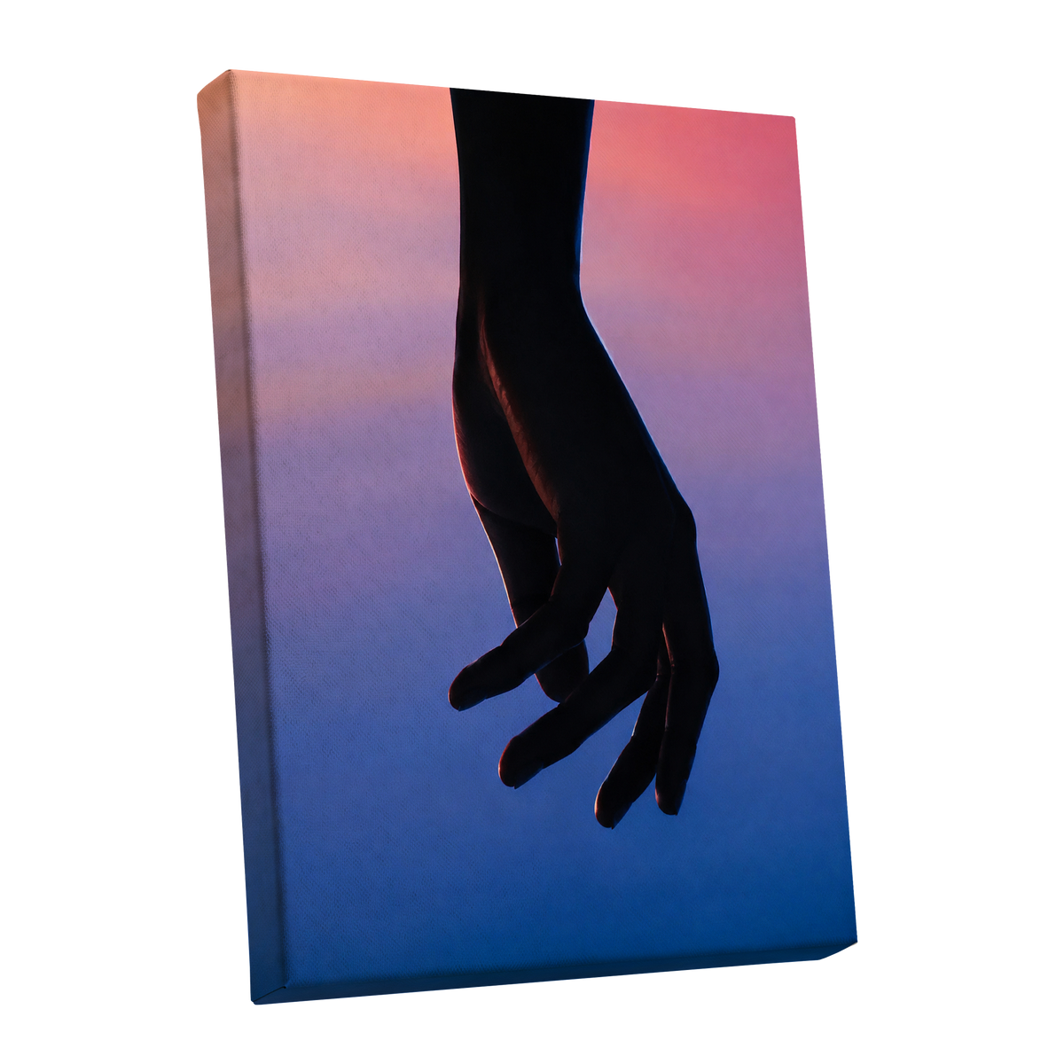 Between Dusk and Blue, black, blue, pink minimalist wall art shown as a stretched canvas wall art