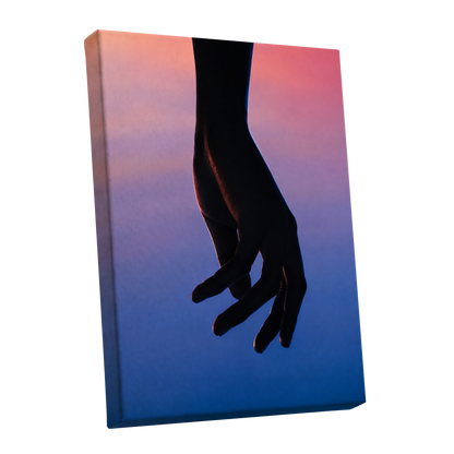 Between Dusk and Blue, black, blue, pink minimalist wall art shown as a stretched canvas wall art