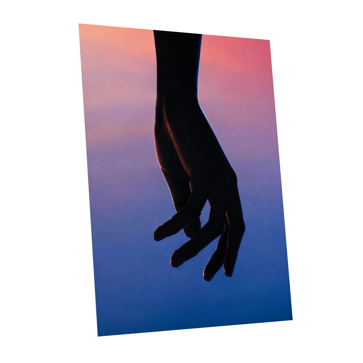 Between Dusk and Blue, black, blue, pink minimalist wall art shown as a unframed poster wall art print