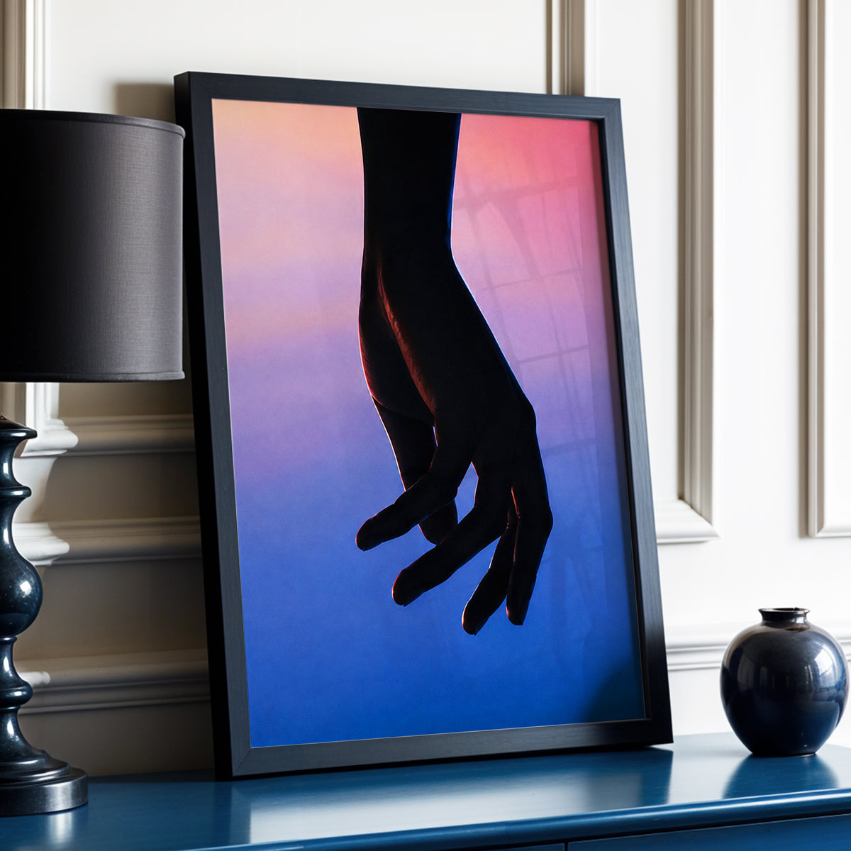 Between Dusk and Blue, black, blue, pink minimalist wall art displayed in a styled interior, gallery view 2