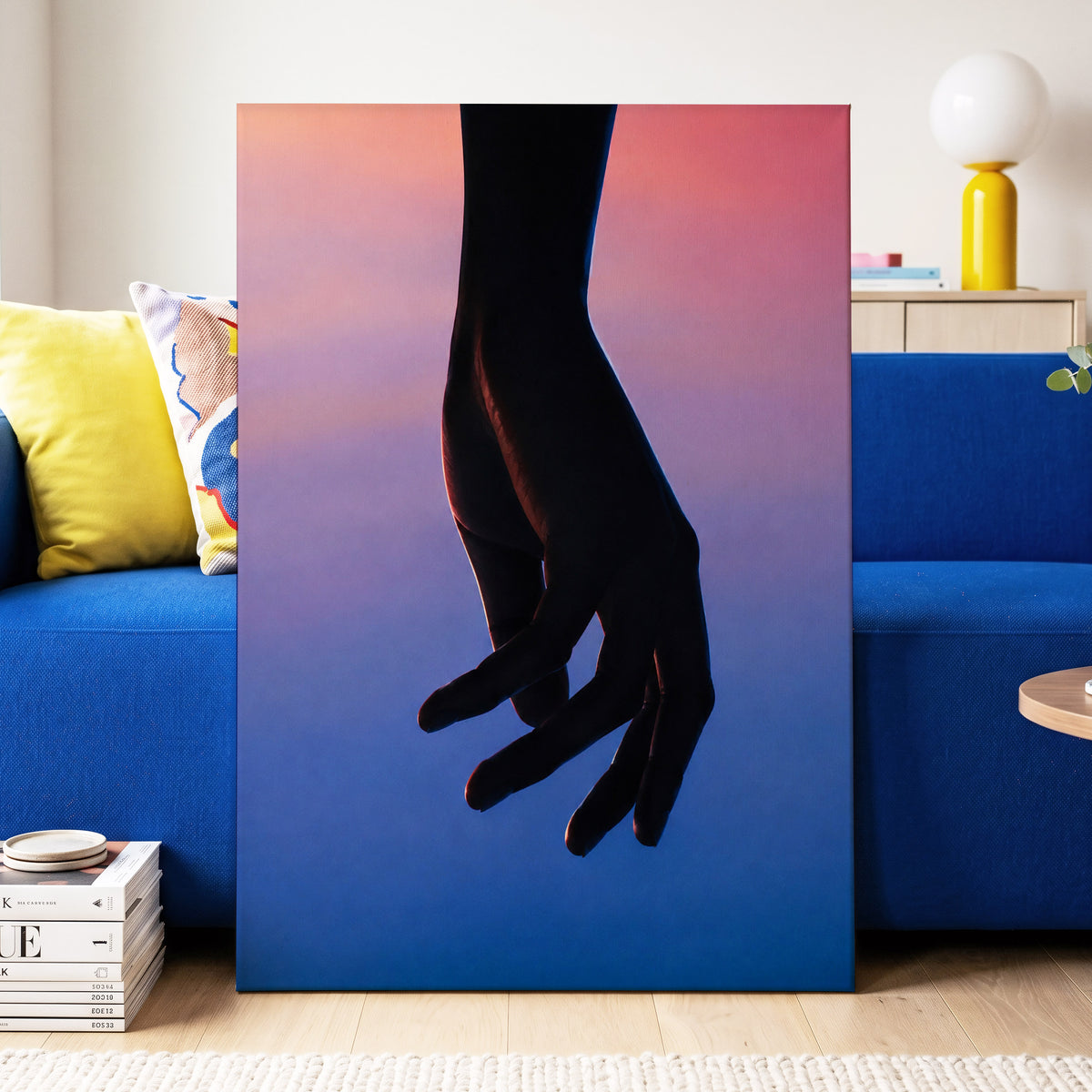 Between Dusk and Blue, black, blue, pink minimalist wall art displayed in a styled interior, gallery view 3