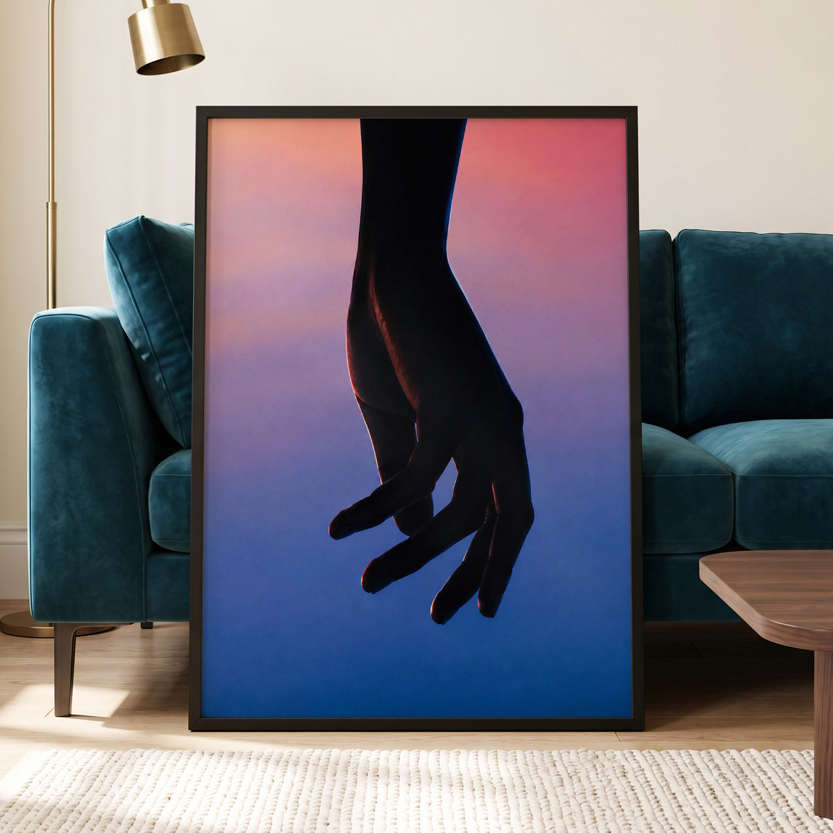Between Dusk and Blue, black, blue, pink minimalist wall art displayed in a styled interior, gallery view 6
