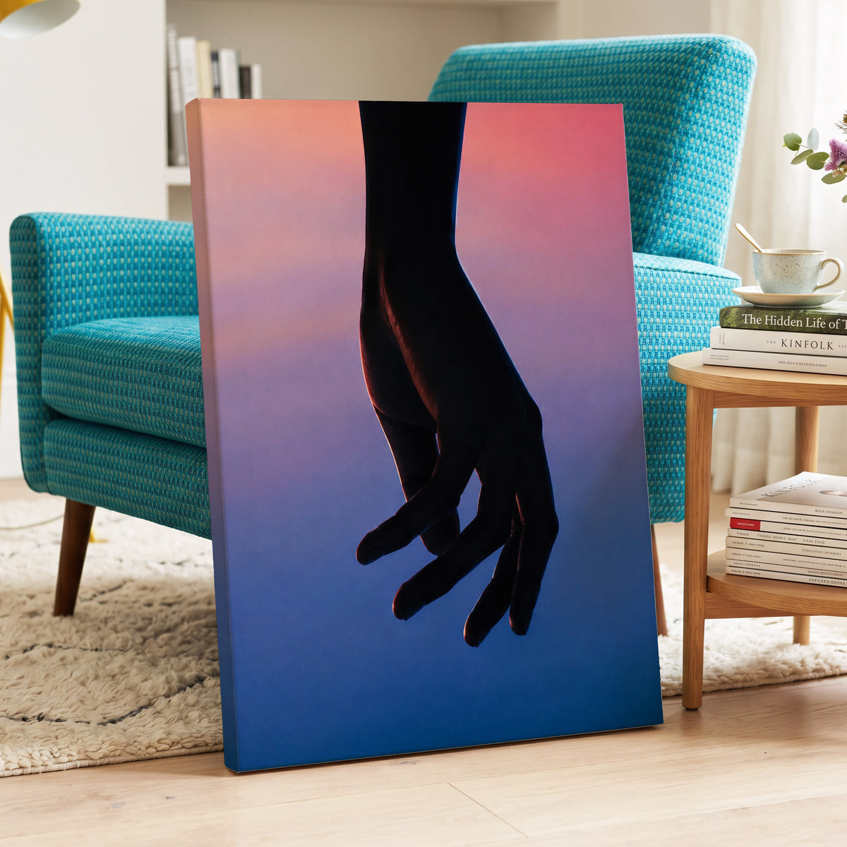 Between Dusk and Blue, black, blue, pink minimalist wall art displayed in a styled interior, gallery view 7