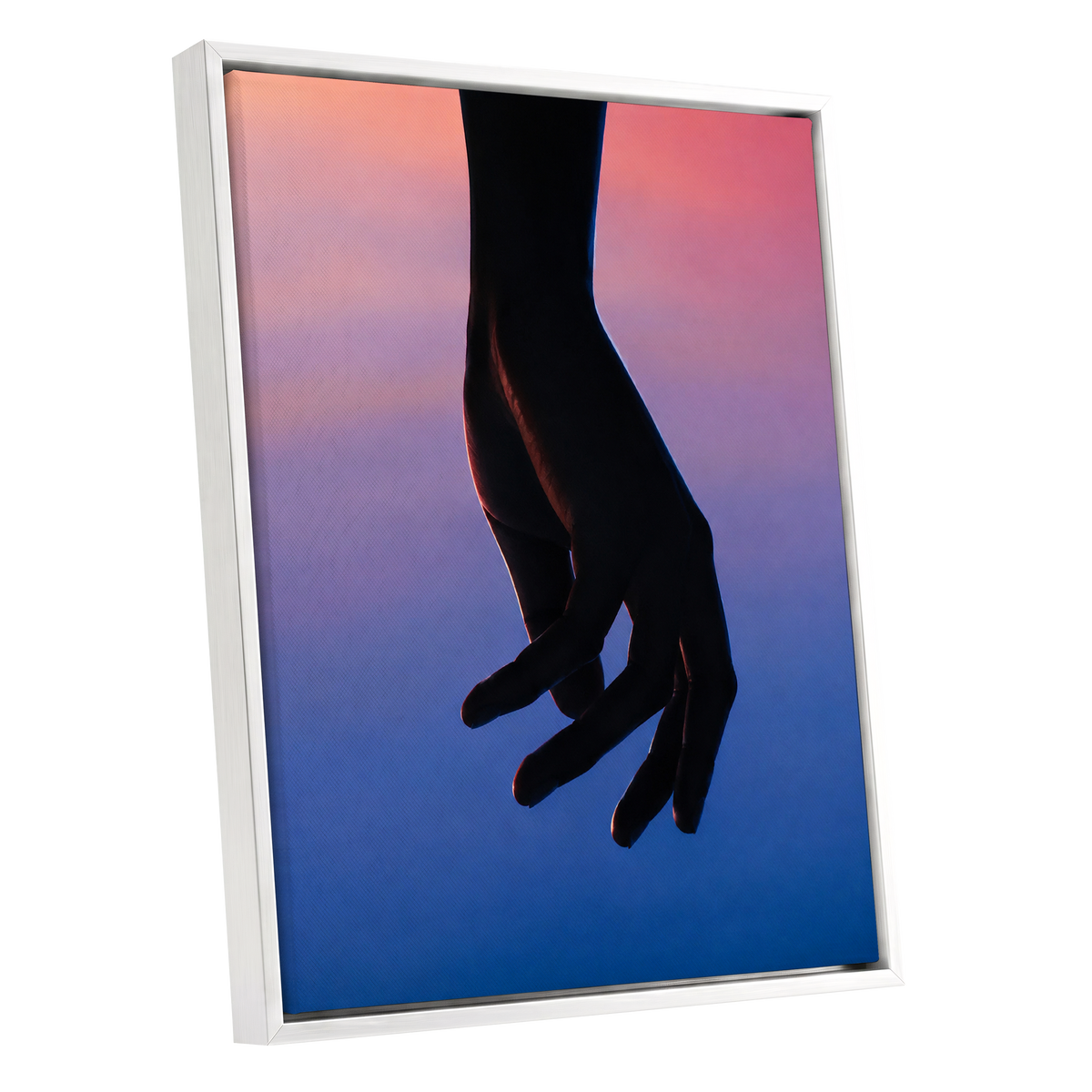 Between Dusk and Blue, black, blue, pink minimalist wall art shown as a white framed canvas wall art