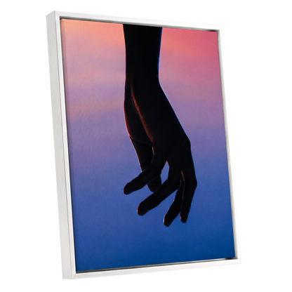 Between Dusk and Blue, black, blue, pink minimalist wall art shown as a white framed canvas wall art