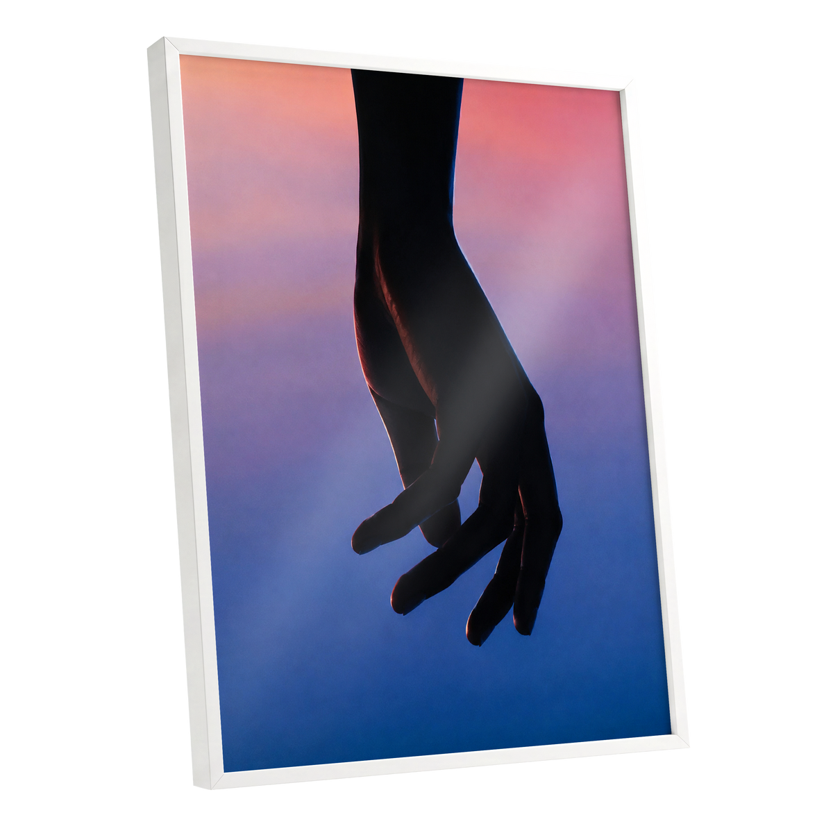Between Dusk and Blue, black, blue, pink minimalist wall art shown as a white framed poster wall art print