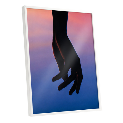 Between Dusk and Blue, black, blue, pink minimalist wall art shown as a white framed poster wall art print