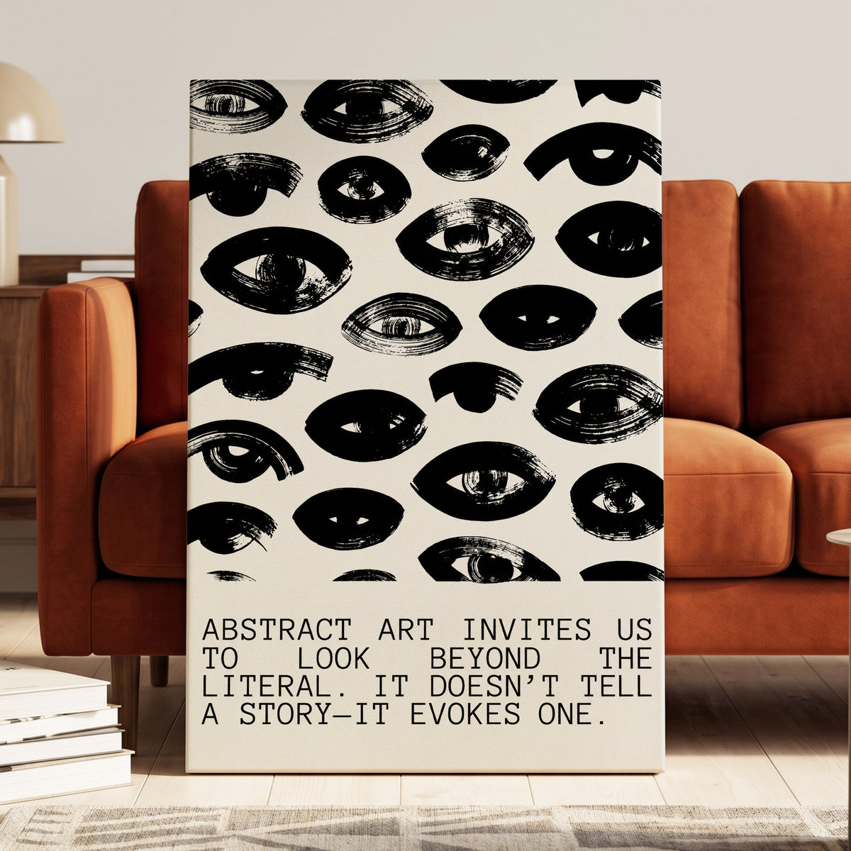 Beyond the Literal, black, white abstract wall art on canvas displayed in a styled interior, gallery view 2