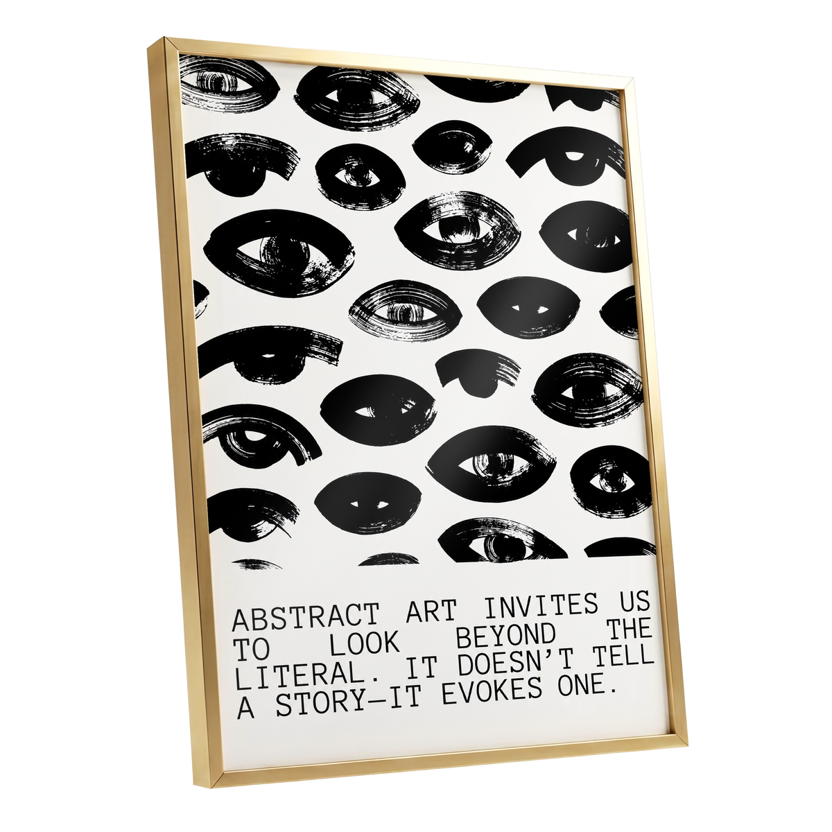 Beyond the Literal, black, white abstract wall art shown as a gold framed poster wall art print
