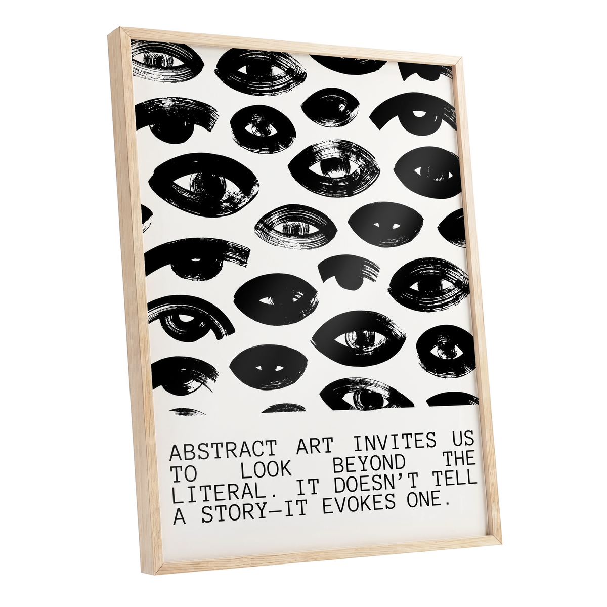 Beyond the Literal, black, white abstract wall art shown as a oak framed poster wall art print