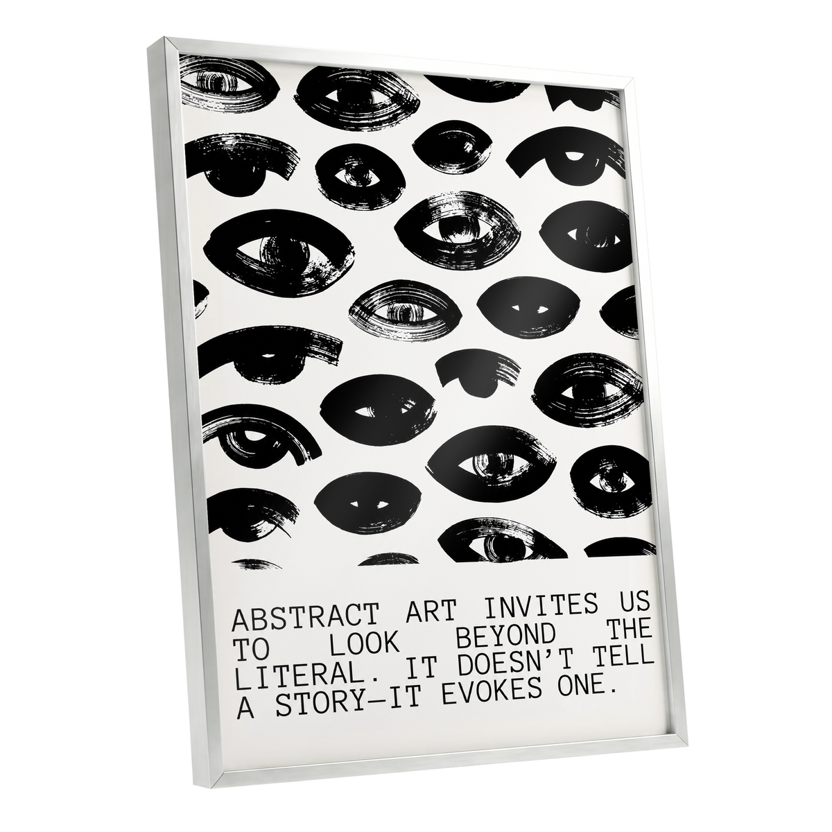 Beyond the Literal, black, white abstract wall art shown as a silver framed poster wall art print