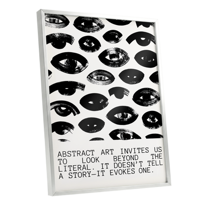 Beyond the Literal, black, white abstract wall art shown as a silver framed poster wall art print