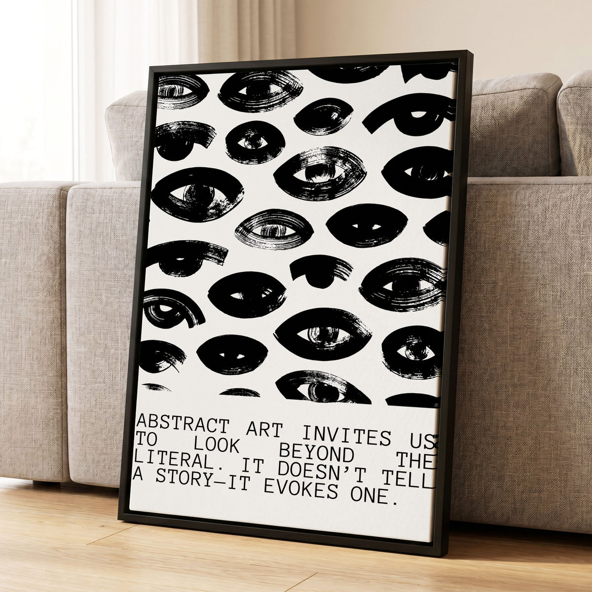 Beyond the Literal, black, white abstract wall art displayed in a styled interior, gallery view 1