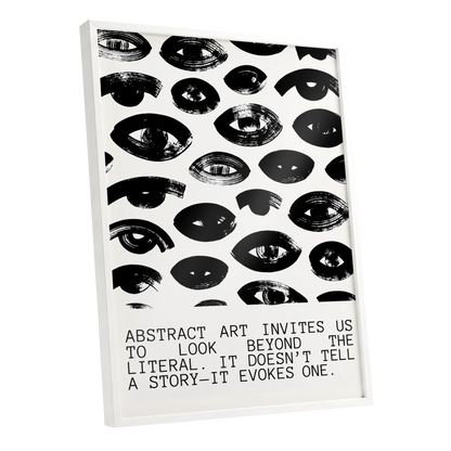 Beyond the Literal, black, white abstract wall art shown as a white framed poster wall art print